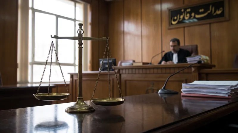 A dark wooden desk with the scales of justice, representing the Iranian judiciary system.