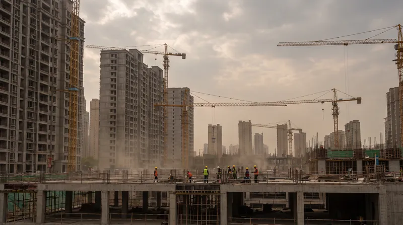A large-scale residential construction site in China with partially completed high-rise apartment buildings and cranes.