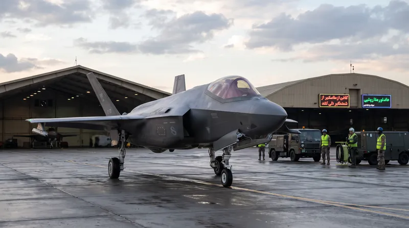 A dark gray F-35 stealth fighter jet parked on a military tarmac at dusk.