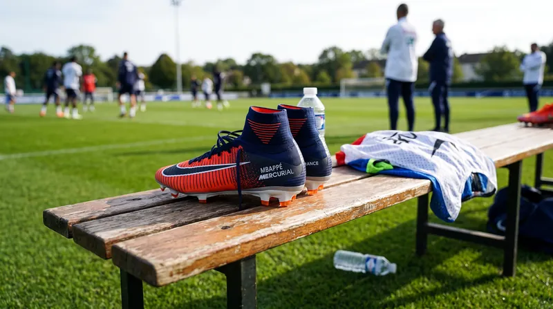 Kylian Mbappe tying his new football boots on a training pitch.