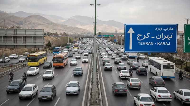 ترافیک سنگین در یک جاده بین‌شهری ایران با حضور خودروها و اتوبوس‌های قدیمی در هنگام غروب