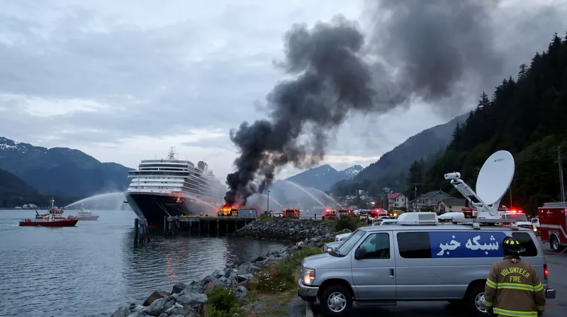A large wooden cruise ship dock in Whittier, Alaska, fully engulfed in flames with thick smoke.