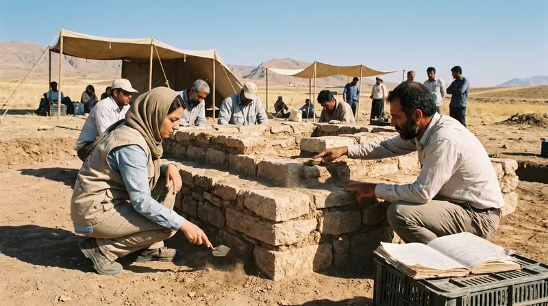 A partially excavated square brick altar surrounded by dry earth at an archaeological site.