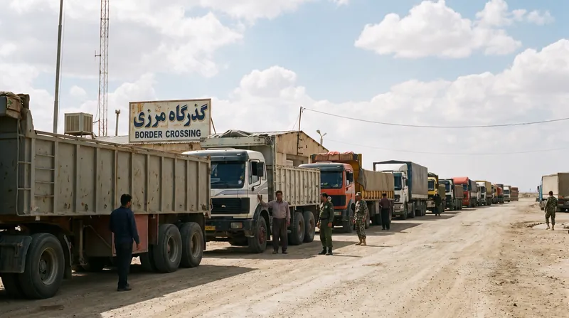 صف طولانی کامیون‌های باری سنگین در یک جاده کوهستانی منتهی به گذرگاه مرزی در روز.