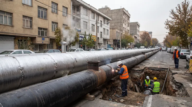 Workers installing large insulated district heating pipes in a deep trench under a city street.