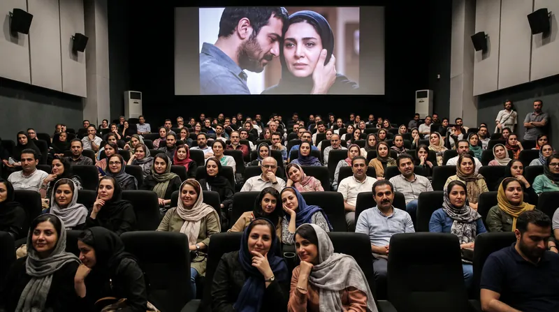 Crowd of people standing in a brightly lit modern cinema foyer in Iran.