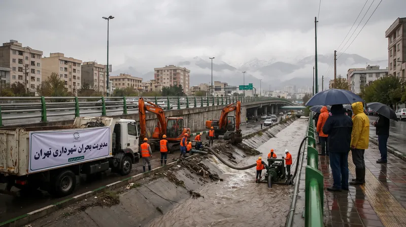 A view of a river valley in Tehran with flood control infrastructure and water channels.
