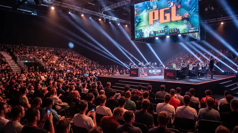 A professional Dota 2 esports tournament stage with large glowing screens and an empty player booth in Bucharest.