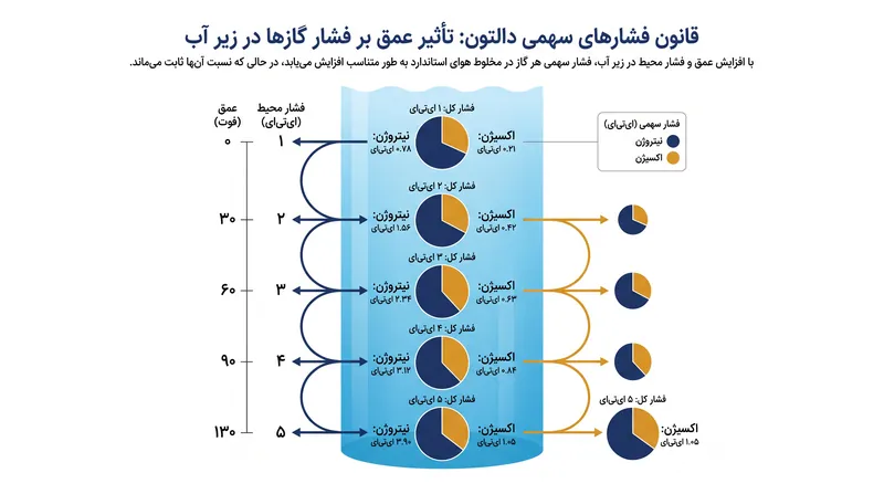 همان‌طور که غواص به اعماق می‌رود، فشار محیط بدن را مجبور می‌کند تا غلظت‌های بالاتری از نیتروژن و اکسیژن را جذب کند.