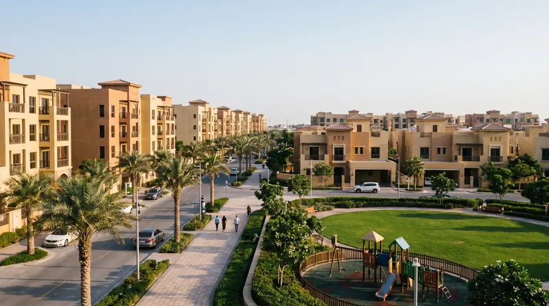 A modern residential villa community in Dubai with green landscaping and contemporary architecture under clear blue skies.