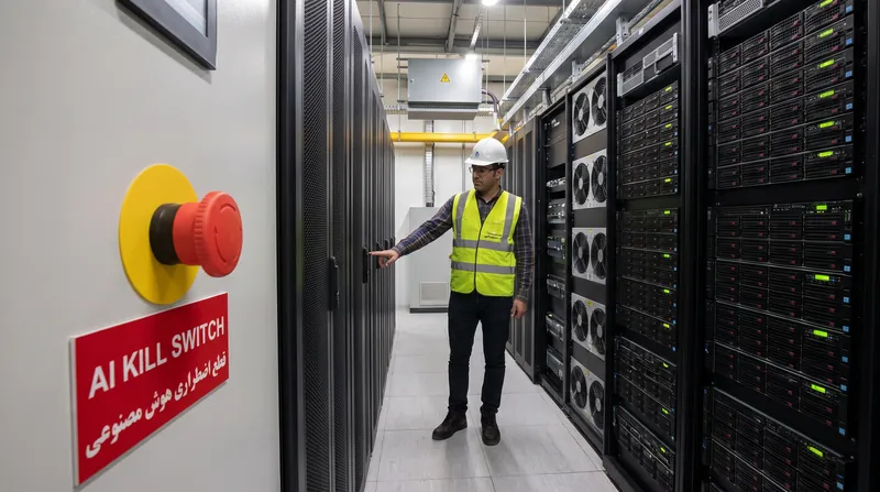 A glowing red emergency stop button mounted on a server rack inside a modern data center.