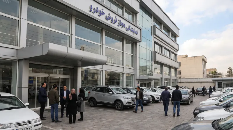 A modern car dealership in Iran showing new cars and a customer checking prices.