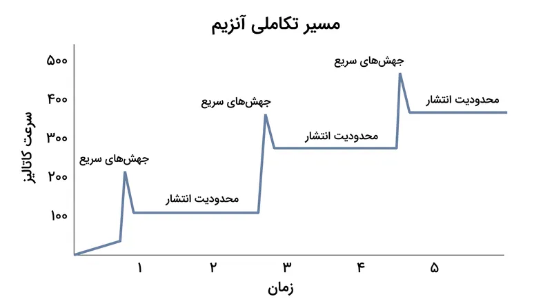 آنزیم‌ها پیش از رسیدن به سطح صاف در محدودیت‌های فیزیکی انتشار، جهش‌های سریعی از بهینه‌سازی تکاملی را تجربه می‌کنند.