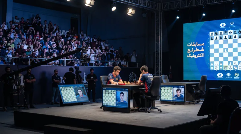 A professional female chess player focused on a digital chess board during an esports tournament.