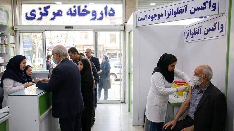 A pharmacist holding a flu vaccine vial in a modern pharmacy setting.