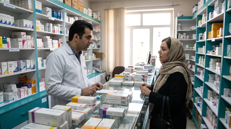 A pharmacist handing a box of medicine to a customer across a modern pharmacy counter.