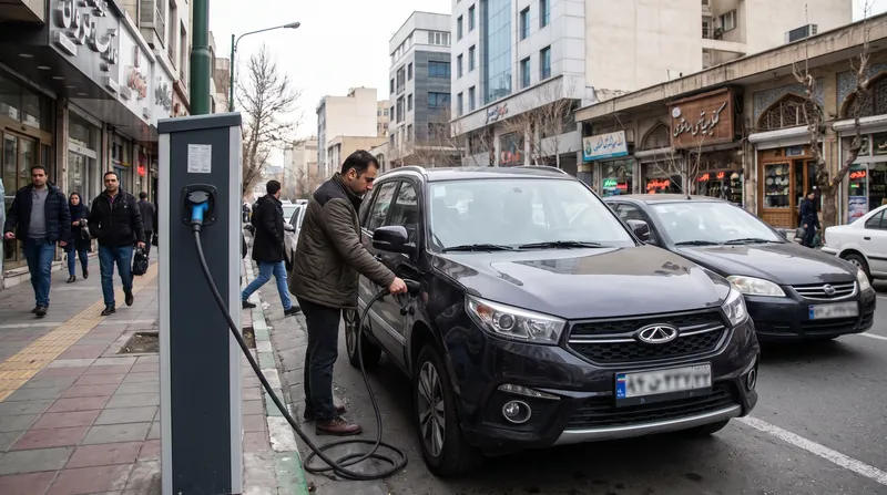 A modern plug-in hybrid car connected to a charging station in an urban driveway at dusk.
