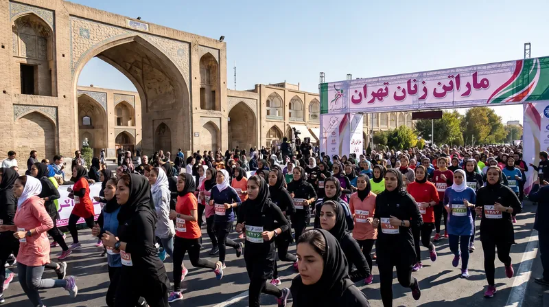 گروهی از دوندگان در یک مسیر پارکی در حال دویدن در یک مسابقه ماراتن هستند.
