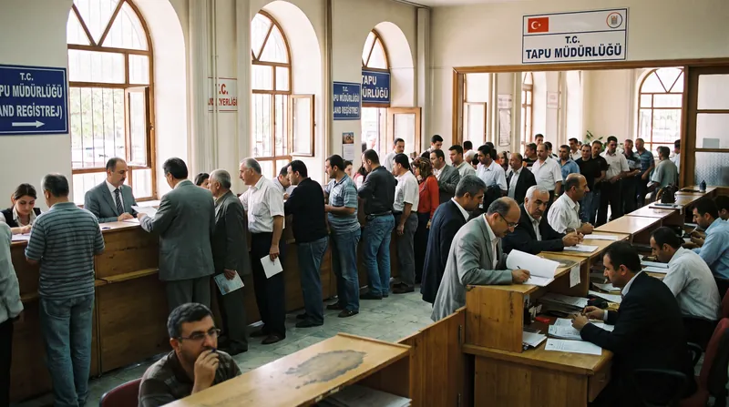 People signing official real estate documents at a modern Turkish Tapu office desk.