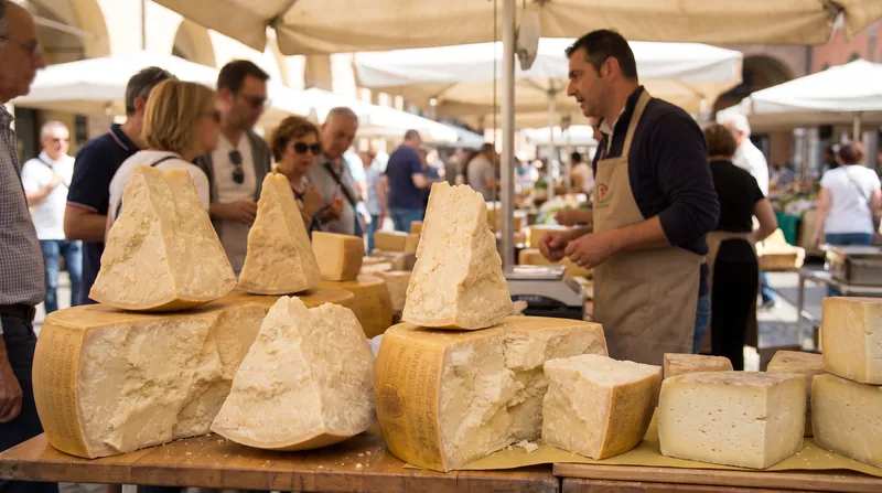 Three wedges of Italian hard cheese on a wooden board, showing the granular texture of Parmigiano and the black rind of Pecorino.