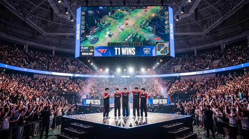 A wide shot of a massive League of Legends esports stage in an arena with empty player booths.