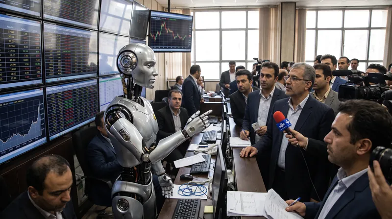 A modern humanoid robot standing in front of a stock market display showing red downward trends.