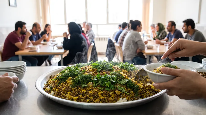 A traditional Iranian dining table featuring a bowl of lentil rice, fresh herbs, and sliced lemon.