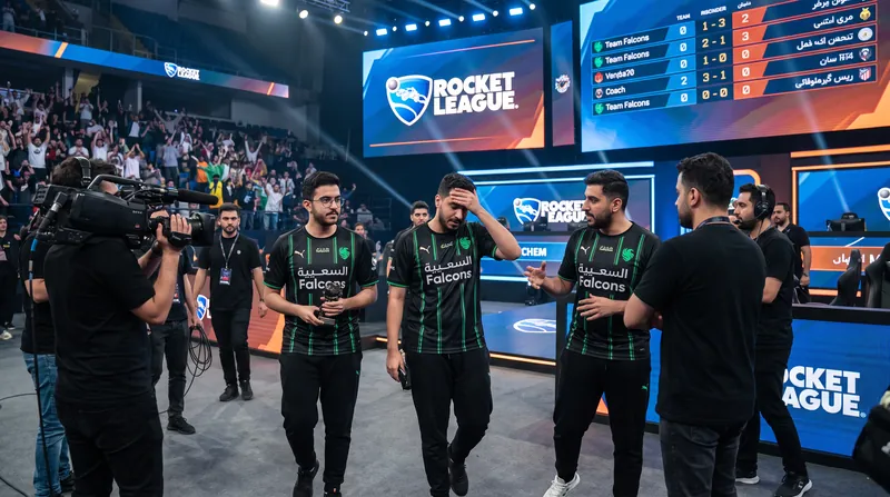 Team Falcons players lifting the Rocket League World Championship trophy on stage with confetti falling.