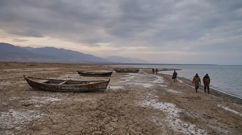 A wide view of the Caspian Sea shoreline in Mazandaran, showing exposed sandy beaches and retreated water.