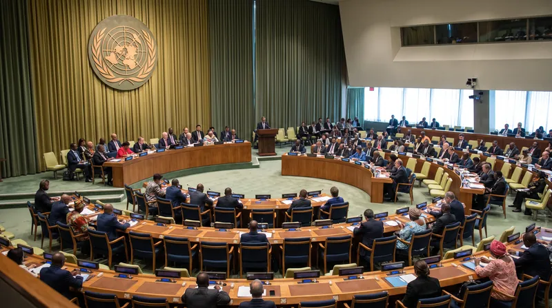 Wide view of the United Nations General Assembly hall with delegates seated at desks.
