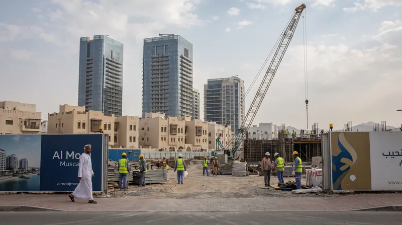 A modern residential and commercial real estate development in Muscat, Oman, under a clear blue sky.