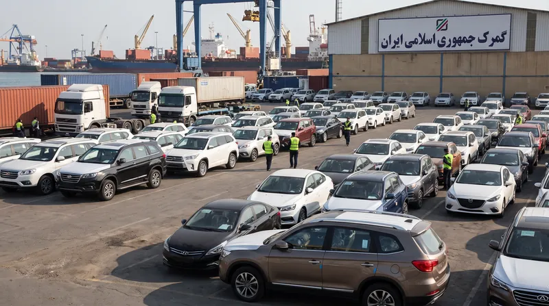 ردیف‌هایی از خودروهای وارداتی پارک شده در محوطه گمرک ایران در انتظار ترخیص