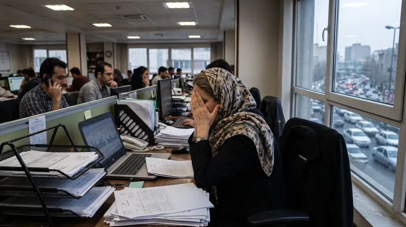 یک کارمند مرد در یک دفتر کار دولتی در ایران که با چهره‌ای خسته و مضطرب پشت میز پر از پرونده نشسته است.