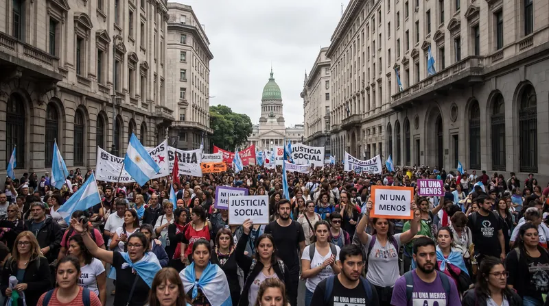 A large crowd of protesters marching in Buenos Aires against economic austerity measures.