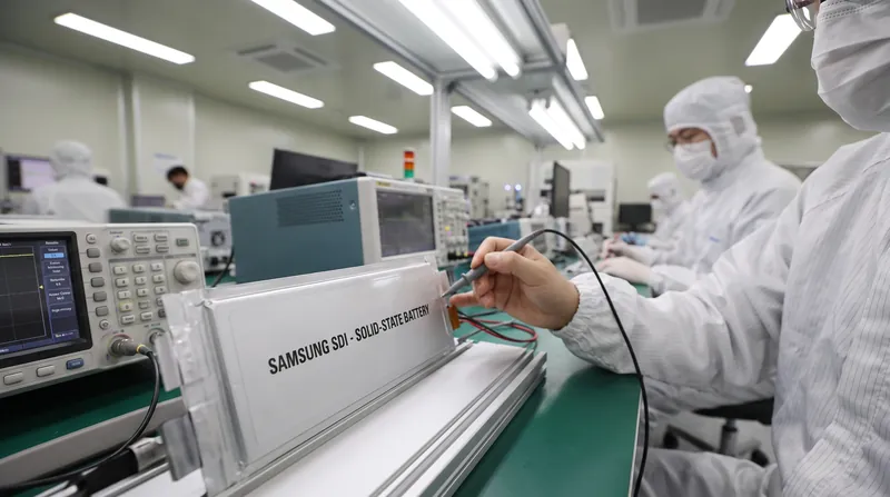 Interior of Samsung SDI battery manufacturing facility showing automated robotic arms and metallic battery cells.