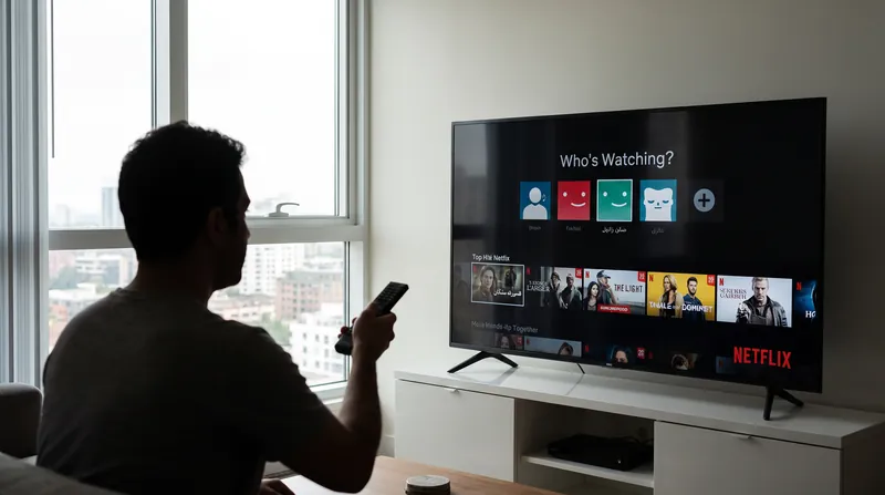 A person holding a remote control pointing at a large smart TV screen displaying a streaming interface in a dark living room.