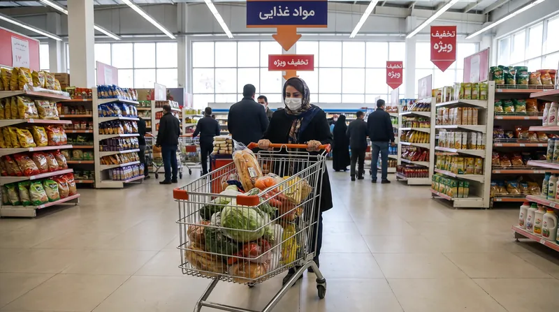 یک سبد خرید پر از بسته‌های گوشت تازه در راهروی یک هایپرمارکت روشن و مدرن