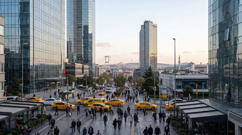 Modern glass skyscrapers in the Levent financial district of Istanbul, Turkey, under a clear blue sky.