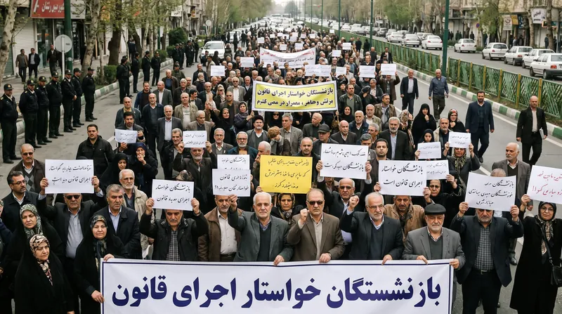 گروهی از بازنشستگان ایرانی در خیابان تجمع کرده و پلاکاردهایی در دست دارند.