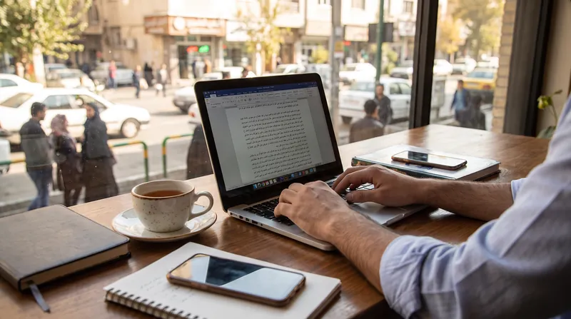 A young professional working on a laptop at a bright, minimalist desk with a notebook and coffee.