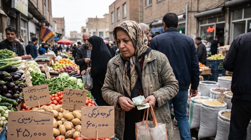 یک شهروند ایرانی در حال بررسی قیمت‌ها و خرید از قفسه‌های یک فروشگاه مواد غذایی خلوت