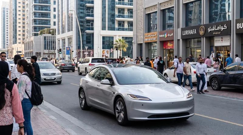 A metallic Tesla Cybercab driving autonomously on a city street in Austin, Texas.