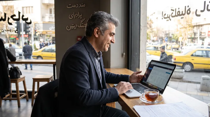 A young Iranian entrepreneur working on a laptop in a cafe, managing an online business.