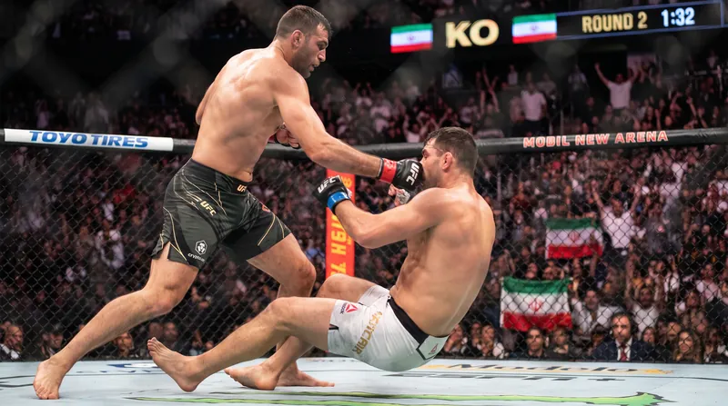 A referee steps in to stop an MMA fight as a heavyweight fighter lies on the canvas.