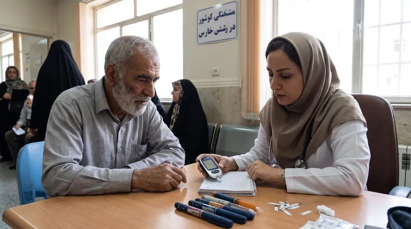 یک بیمار مرد و یک پزشک زن در حال بررسی داده‌های پایشگر مداوم قند خون روی صفحه تلفن هوشمند در یک کلینیک پزشکی روشن.