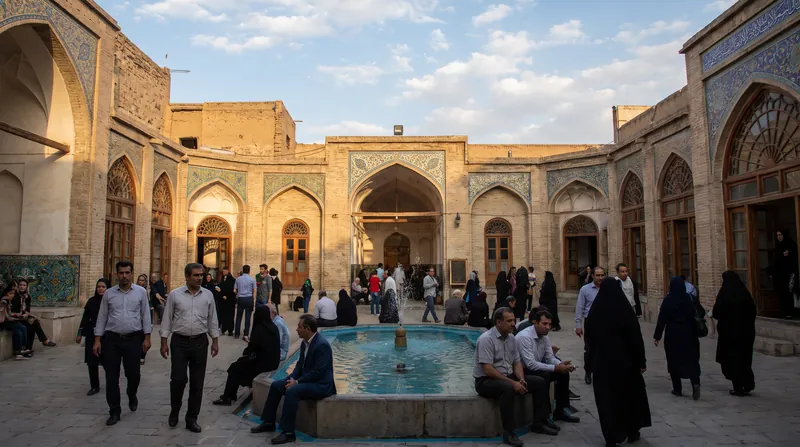 نمای حیاط مرکزی یک خانه تاریخی ایرانی با حوض آب مستطیل شکل، باغچه‌های متقارن و دیوارهای خشتی بلند.