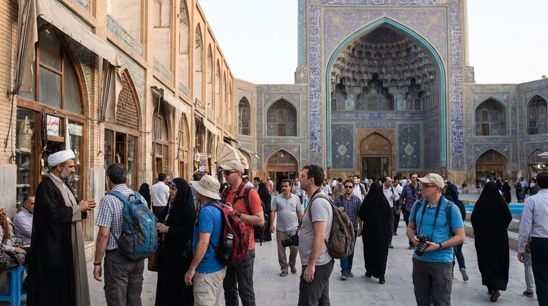 Tourists walking through the historic blue-tiled courtyard of the Sheikh Safi al-Din Shrine in Ardabil, Iran.