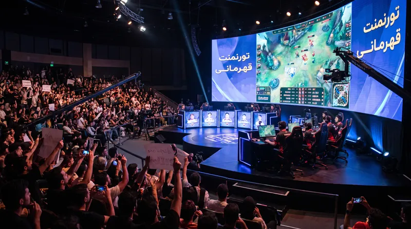 Two professional esports players competing intensely on a brightly lit tournament stage.