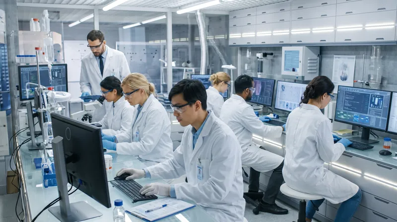 A female medical researcher in a modern laboratory examining a sample under a bright light.