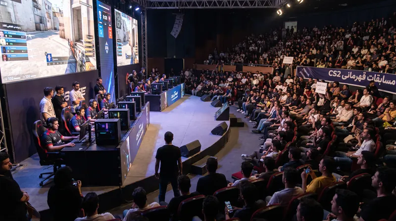 A brightly lit Counter-Strike 2 esports arena stage with gaming pods and a large screen.